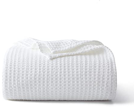 Decke aus 100 % Baumwolle mit Waffelmuster (weiß – Doppelgröße – 168 x 228 cm), vorgewaschen und schrumpffrei, weiche, leichte Bett- und Couchdecke, 380 g/m², Waffelgewebe, Überwurfdecke für alle