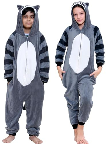 A2Z 4 Kids Girls Boys Raccoon Costume Soft Fleece Playsuit Kids Animal Hooded Sleepsuit Xmas Pyjamas Age 3-14 Years