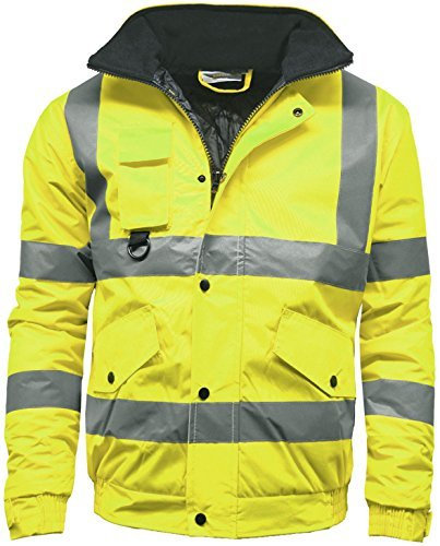 Golomak® Hi Vis Viz Bomber Jacket High Visibility Workwear Safety Security Hooded Padded Waterproof Taped Seams Work Wear Coat Top (Yellow, Small)