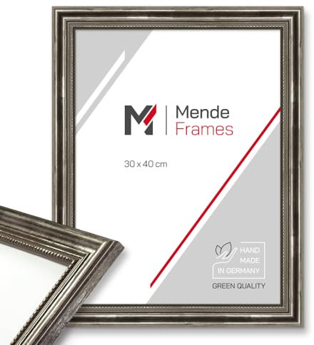 Mende Frames Bilderrahmen Antik 30x40cm I Farbe: Silber I Holzbilderrahmen I Fotorahmen I Silberner Barock Bilderrahmen I Made in Germany I V450