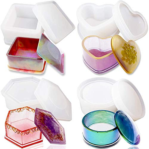 Uinfhyknd Set mit 4 Formen aus Kunstharz, für Schachteln mit /Sechseck/Epoxy-Formen, rund und quadratisch, mit Deckel