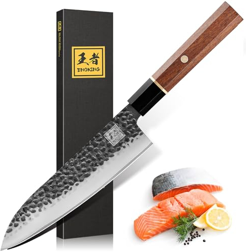 ENOKING Cuchillo Cocinero Profesional 20 cm, Cuchillos Japoneses de Acero de Alto Carbono, Cuchillos Cocina Profesional Forjados a Mano, Cuchillo Chef Ultra Afilado con Refuerzo de ébano Mango
