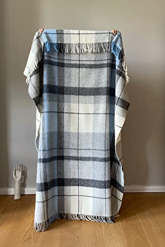 JOWOLLINA WOOLONLY 100% Lammwolle Wolldecke Plaid Karo Schottenmuster Tartan (Grau/blau, 150x205 cm)