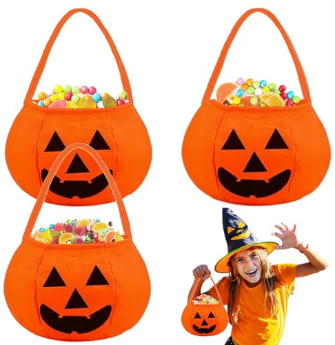 ZZRSYJ Halloween Kürbis Candy Bag,3 Stück Kürbis Sammeltasche,Kürbis Eimer Tasche,Kürbis-Süßigkeiten-Handtasche,Halloween Süßigkeiten Handtasche,für Halloween Party DecorSüßigkeiten Kekse Schokolade
