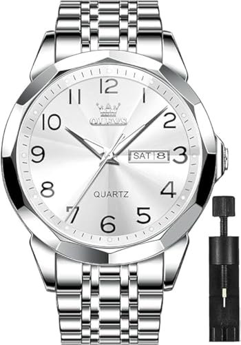 OLEVS Herrenuhr Luxus Business Dress Uhr UK Diamant Design Quarz Edelstahl Wasserdicht Leuchtende Woche Kalender Geschenk, silber, 3