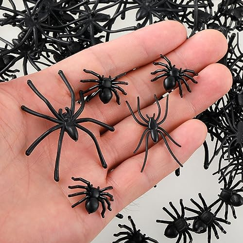 Bewudy 120 Pcs realistische Spinnen Halloween Dekoration, Kunststoff Spinnen Dekoration, 3 Größen kleine Spinne Halloween Terror Prank für Haus und Halloween Party Narrentag Dekorationen