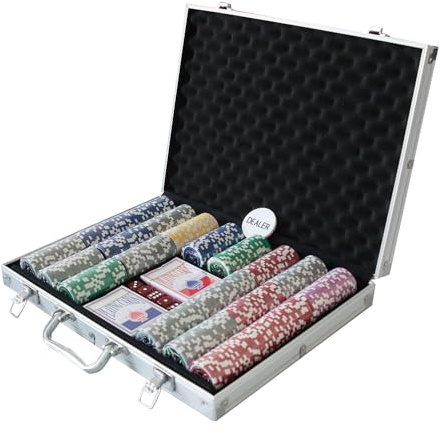 THUNDERBAY 500 Pokerchips aus Ton mit Aluminiumkoffer, zwei Spielkartendecks, Dealer und Blind-Knopf und 5 Würfeln für Poker, Texas Hold'em, Blackjack, Casino-Spiele zu Hause