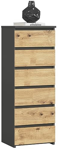 3xE Living Kommode, Sideboard mit 6 Schubladen (B:40cm x H:109cm x T:35cm) in Graphit Grau & Artisan Eiche