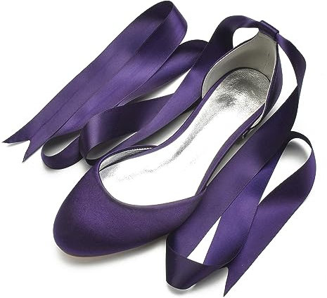 WeFloHsL Womens Round Toe Ballet Flats Pumps Satin Ribbon Tie Lace-Up Dolly Bridal Wedding Shoes 5049-62,Dark Purple,4 UK