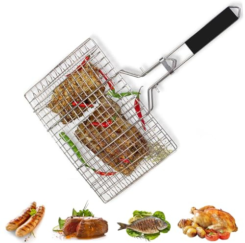 Grillkorb Fischbräter, Fisch Edelstahl Barbecue Grillschale Faltbar Grill Fischhalter Tragbar BBQ Grillgitter mit Abnehmbarem Griff Grillwerkzeug für Gemüse Garnelen Steak Garnelenkoteletts, S
