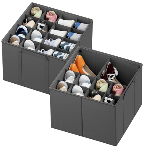 SpaceAid Schuh-Organizer für Schrank, faltbare Schuhaufbewahrungsbehälter, Körbe, Boxen mit verstellbaren Trennwänden, passend für 16–32 Paar, grau