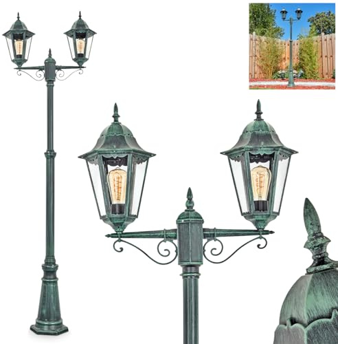 HOFSTEIN Kandelaber Hongkong, Außenwegeleuchte aus Metall/Glas in Schwarz-Grün/Klar, Wegeleuchte im Landhaus/Antik/Retro/Vintage-Design für Garten, Außenbereich, Hof, Höhe max. 245 cm, 2 x E27, IP44