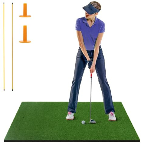 COSTWAY Golf Hitting Mat, 5 x 3 FT/5 x 4 FT Artificial Turf Mat with 2 Rubber Tees and 2 Alignment Sticks, Golf Training Mat for Home Backyard Garage