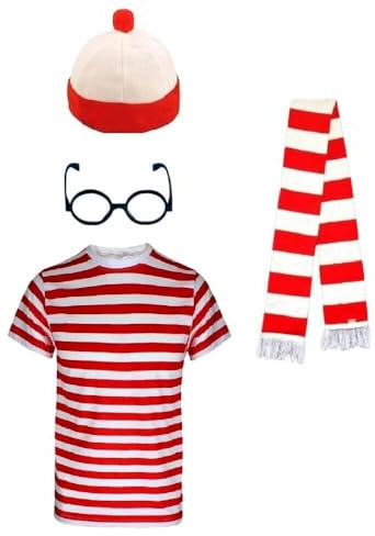 Nerd-Geek-Kostüm für Kinder, 3- und 4-teilig, bestehend aus rot-weiß gestreiftem T-Shirt, Brille, Mütze und Schal (4, 5-6 Jahre)