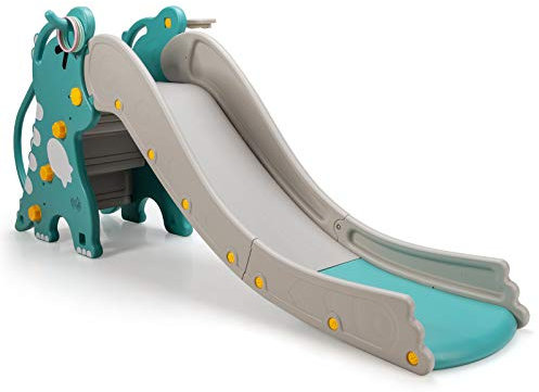 COSTWAY 4 en 1 Toboggan Enfants en Forme Dinosaure avec Panier de Basketball, Toboggan Extérieur Intérieur en HDPE avec Jeu de Lancer d'Anneaux, Charge 50kg pour 1-6 Ans, 188x65x80 cm