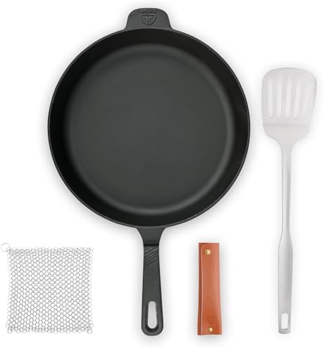 GRÄWE CI 350 Gusseisenpfanne Ø 32 cm, Bratpfanne aus Gusseisen, Pfannen-Set mit Pfannenwender, Griffschutz (Echtleder), Ringreiniger, Pfanne für Induktion und Grill
