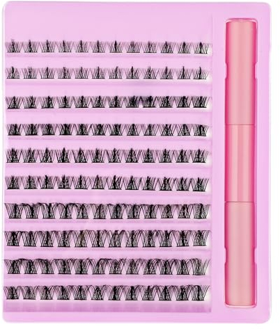 Dimeho 120 Pcs DIY Eyelash Extension Kit Individual Lashes 10-16MM Wispy False Eyelashes Fluffy Cluster Lashes Thin Band Wide Stem Clusters with Glue Easy Apply at Home
