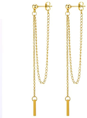 JewelryWe Hängende Ohrringe Damen Ohrhänger: Gold Edelstahl Kugel Ohrstecker mit Extra Lange Kette Stäbchen Anhänger Kettenohrringe Tropfen Ohrringe Ohr Piercings Geschenk für Frauen Mädchen