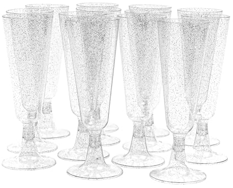 MATANA 100 hochwertige elegante Sektgläser aus Kunststoff mit silbernem Glitzer, 150 ml, wiederverwendbare Toastgläser, Cocktail-Proseccogläser für Hochzeiten, Geburtstage, Weihnachten, Grillpartys