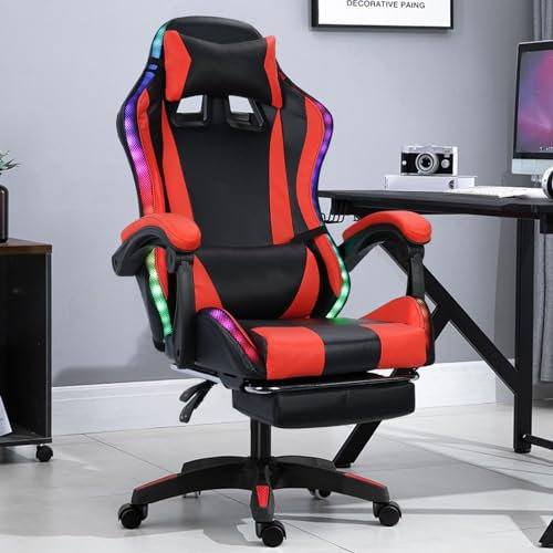 Calager Gaming-Stühle,Ergonomischer Massage Computerstuhl für das Büro mit Bluetooth-Lautsprecher,RGB LED Leuchten,höhenverstellbarer Drehstuhl mit Fußstütze und Lordosenstütze für Erwachsene (Rot)
