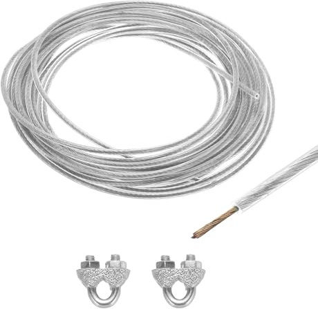 sourcing map 2.5mm (3/32 inch) Clear Vinyl Coated Wire Rope, 6m /20ft Galvanized Steel Cable Wire Rope with 2PCS M3 Loop Sleeves for String Light Hanging, Deck Railing, Garden Wire