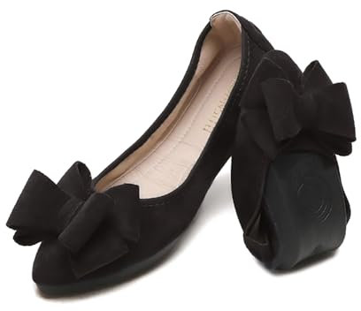 YOUNIFIZ Women Ballet Flats Foldable Fashion Bowtie Comfort Pointed Toe Slip On Ballerina Ladies Casual Comfort Faux Suede Loafers (Black,Size 8)
