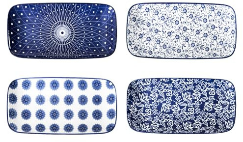 Cerkik Ceramic Rectangular Serving Platters - 12 Inch Large Rectangle Serving Trays Dinner Plates for Charcuterie, Dessert, Fruit Appetizer for Party Entertaining - Set of 4 - Vintage Blue