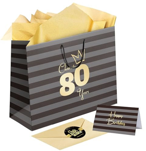Sumerk 1 Stück 13 Geschenktüte 80 Geburtstag Mann 80th Birthday Gift Bag with Tissue Paper Birthday Greeting Cards Stickers Paper Gift Bags for Women Men Girls