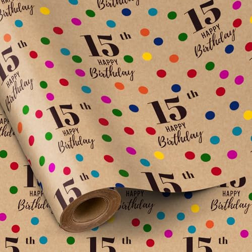 RUSPEPA Duftendes Kraft-Geschenkpapier – Mini-Rolle – Buntes Punkte-Design mit Duft, ideal für Geburtstage, Partys, Babypartys – 43,2 cm x 5 m – 15. Geburtstag