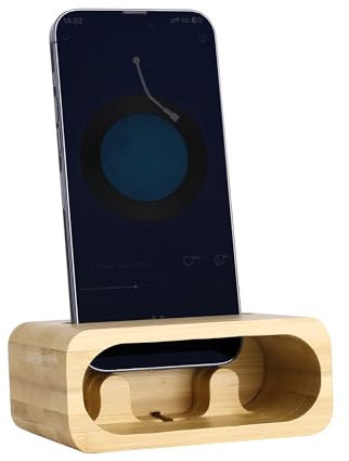 Navaris Bamboo Phone Stand - Bamboo Phone Stand for Desk - Enhanced Sound with Built-in Amplifier - Portable Bed Desktop Stand - Bamboo Mobile Phone Holder w Charger Cut-Out