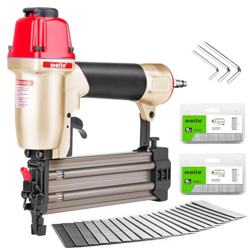 meite Cloueuse pneumatique F50C avec 2000 clous (32 mm, 50 mm de chaque taille, 1000 pièces), cloueuse pneumatique de calibre 18 pour travaux de finition, tire des clous de calibre 18 de 15 mm à 50 mm