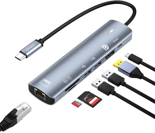USB C Hub 7 in 1 Ethernet Multiport Adapter,Kompatibel für MacBook Pro/Air, Chromebook, Dell XPS, HP und Typ C Geräte (Ethernet 100W PD 8K@60Hz DP USB 3.0)