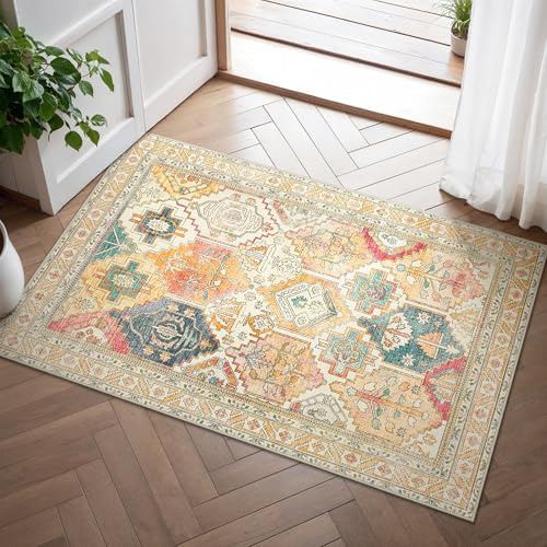 BEIMO Fußmatte 60x90cm Vintage Waschbarer Teppich Gelb | Boho Orientalisch Wohnzimmerteppich, Weicher Kurzflor Klein Carpet mit Rutschfester für Eingang, Bettvorleger Schlafzimmer