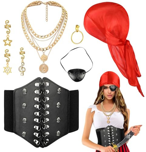Beipegin Piratenkostüm Damen,Augenklappe Pirat Kopftuch Halskette Korsett Piraten Haarschmuck Piratenkostüm Zubehör Piraten Kostüm Erwachsene für Karneval Verkleidung Halloween Party