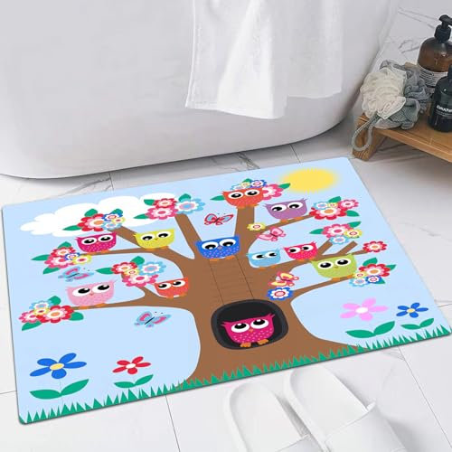 FSDGY Badvorleger Fußmatte Flauschig Teppich Badezimmerteppich Duschmatte für Bade & Wohnzimmer Schlafzimmer,Eule, süße Eulen auf einem Baum, Friends Forever Accent Home Design für die Freu,60x90 cm
