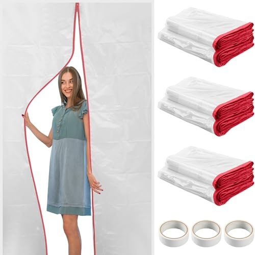 CALPALMY (3-Pack) Plastic Zipper Door Dust Protector, 4 ft x 7 ft Heavy-Duty Plastic Sheeting with Red Zipper Door Dust Protection, Easy to Install and Remove, Includes 3 cm x 10 m Gaffer Tape
