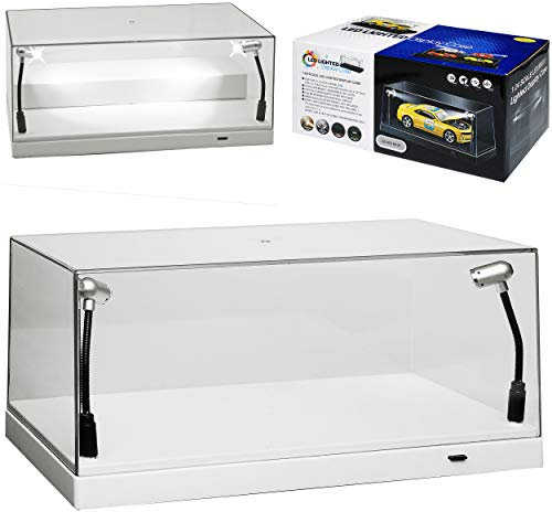Acryl Vitrine mit LED Beleuchtung mit weissem Sockel für Modellauto inklusive Batterien 1/43 1/64 1/72 1/87 1/32 1/24 Modellcarsonline Modell Auto mit individ..