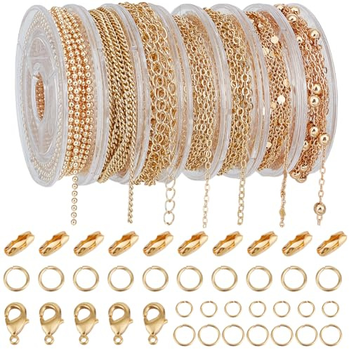 Beebeecraft 7 Stil: Halskettenketten Aus 18 Karat Gold Zur Schmuckherstellung DIY Armbandketten Bausätze Mit 4/5/6mm Biegeringen Karabinerverschlüssen Verbindungsstücken Für Die Halskettenherstellung