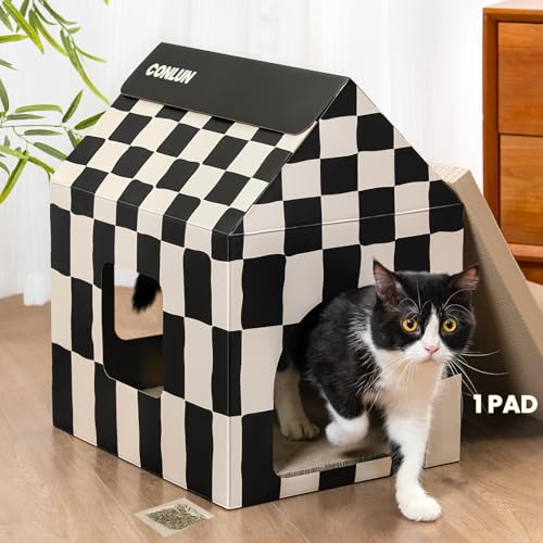 Conlun Katzenhöhle 43x34,5x50cm, Großes Katzenhaus Pappe, Inkl Kratzbrett | Recycelter Karton | 2-in-1 Schlafplatz | für Katzen bis 8kg | Krümelschutz | Kratzmöbel Indoor
