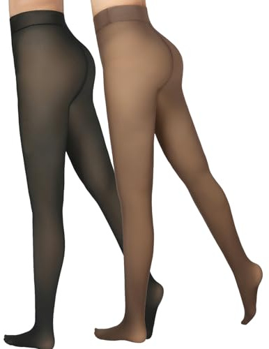 Delcast 2 Pairs Fleece Lined Tights Women，Fake Translucent Thermal Sheer Thick Pantyhose Leggings for Winter