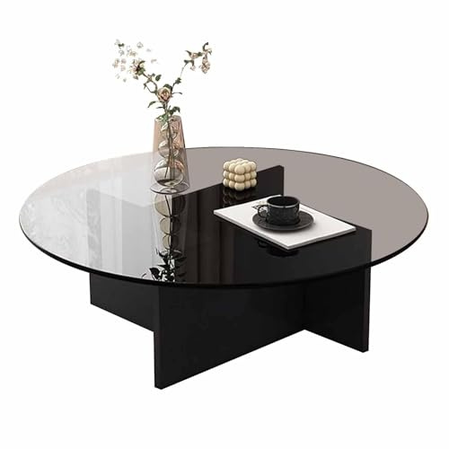 NZVZGKTNTW Petite Table Basse en Verre, Tables Basses Rondes en Bois for Petits Espaces, Table Centrale for Salon, Bureau, Ferme, Montage Facile(Black+Grey)