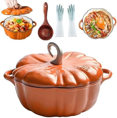 Kürbis Topf, Kürbistopf Guss, 1.85L Kürbis Holländischer Ofentopf Mit Deckel & Griff, Kürbises-Dutch Oven Für Thanksgiving,Sogar Heizung Des Universellen Küchentopfs ,Herbst, Halloween-Dekor (A)