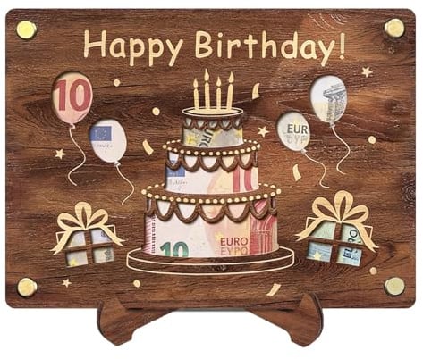 Holzkarte zum Geburtstag XL Geldgeschenk aus Holz inkl Verpackung für Geldgeschenke mit Dankeschön-Kärtchen 20x15 cm, Ausgestanzte Muster Happy Birthday Grußkarte Clip Dual Use Kreatives Geschenk