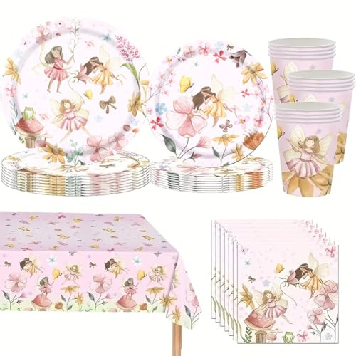 Fairy Girls Birthday Party Tableware Set, 69 Pcs Princess Pink Children's Birthday Decorations Party Supplies Includes Plates Napkins Tablecloths Banner Straws Set for Boys Girls, 16 Guests