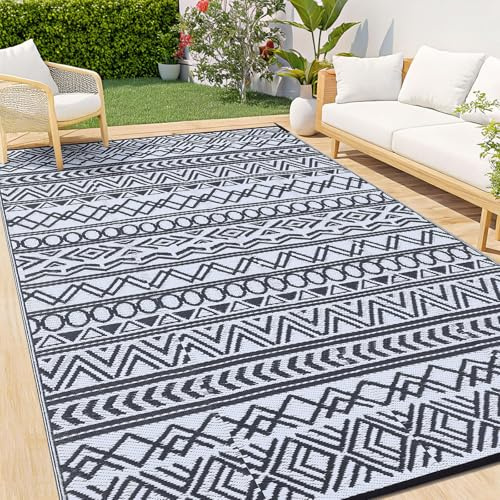 smiry Geometrisches Outdoor Teppich Wetterfest - 240x300 cm, Schwarz & Weiß | rutschfest Leicht Waschbar Outdoorteppich Faltbar UV-beständig Modern Vorzeltteppich für Terrasse, Garten, Balkon