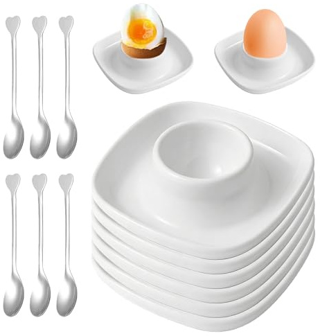 Bqkroa Juego de 6 hueveras de cerámica: hueveras cuadradas blancas con 6 cucharas, soporte para huevos de porcelana con estante, apilables, soporte para hueveras cuadradas, tazas para huevos duros y