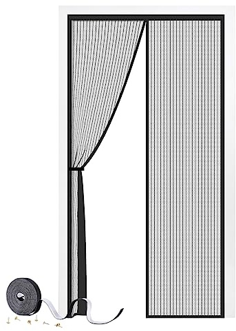 Magnetic Door Screen, SMALUCK Heavy Duty Fly Door Screen Mesh with Powerful Magnets, Durable Mesh Curtains Keeps Bugs Out, Frame Hook & Loop, Kid and Pet Friendly (90 x 200 cm, Black)
