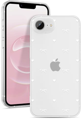 ZTOFERA Clear Case with Bows Pattern for iPhone SE/8/7, White | 4.7-Inch, Cute Love Heart & Bowknot Design, Soft Flexible TPU, Shockproof Protective Cover, for Women Girls