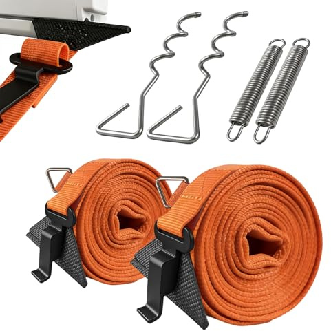 Awning Tie Down Kit for Motorhomes & Caravans, Universal Awning Storm Strap Kit with Adjustable Polyester Straps + Ground Anchors + Tension Springs + Storage Bag (Orange)