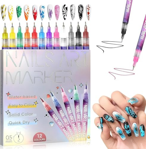 12 Colors Nail Art Pens Set, Nail Art Marker, Nail Drawing Doodle Pens, 0.5 MM Nail Polish Pens Set, Waterproof and Quick-drying Nail for DIY Nails Art Design Manicure Tools